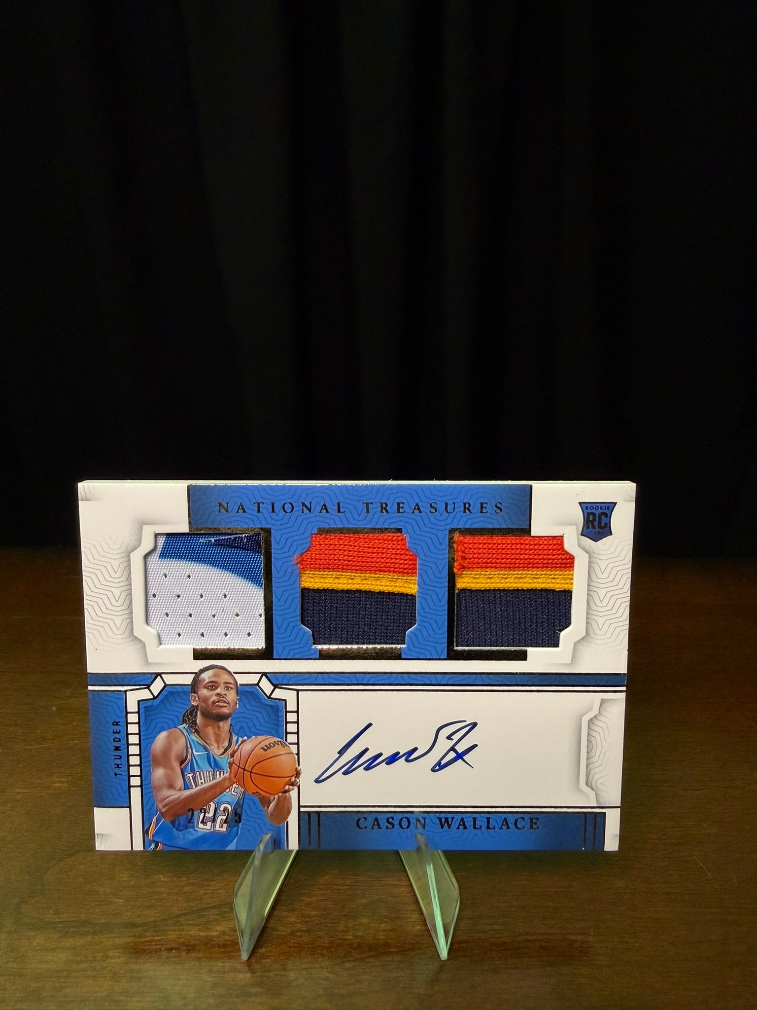 2023 Panini National Treasures Cason Wallace Rookie Triple Patch 22 of 25 Jersey Match - On Card Auto - RPA - Tri Color - OKC Thunder